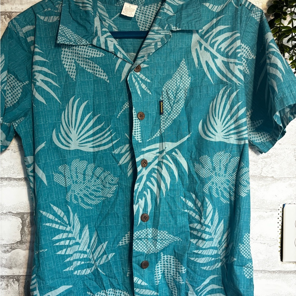 Men's Teal Tropical Print Short-Sleeve Button-Down Shirt